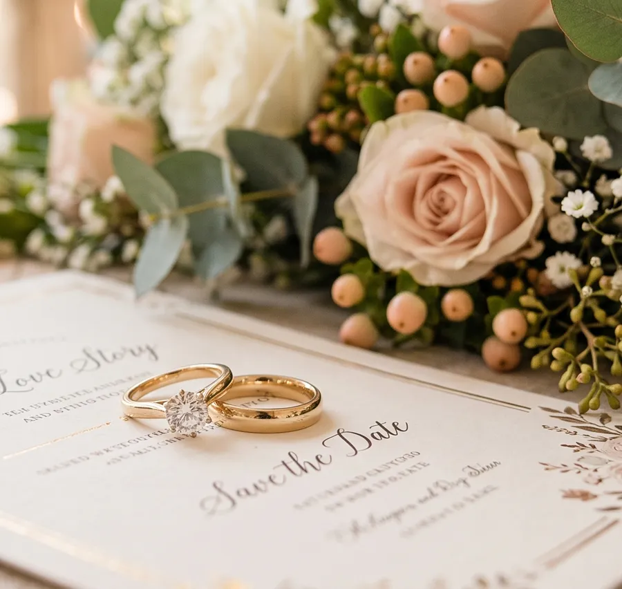 Blush roses and eucalyptus above a save-the-date card.